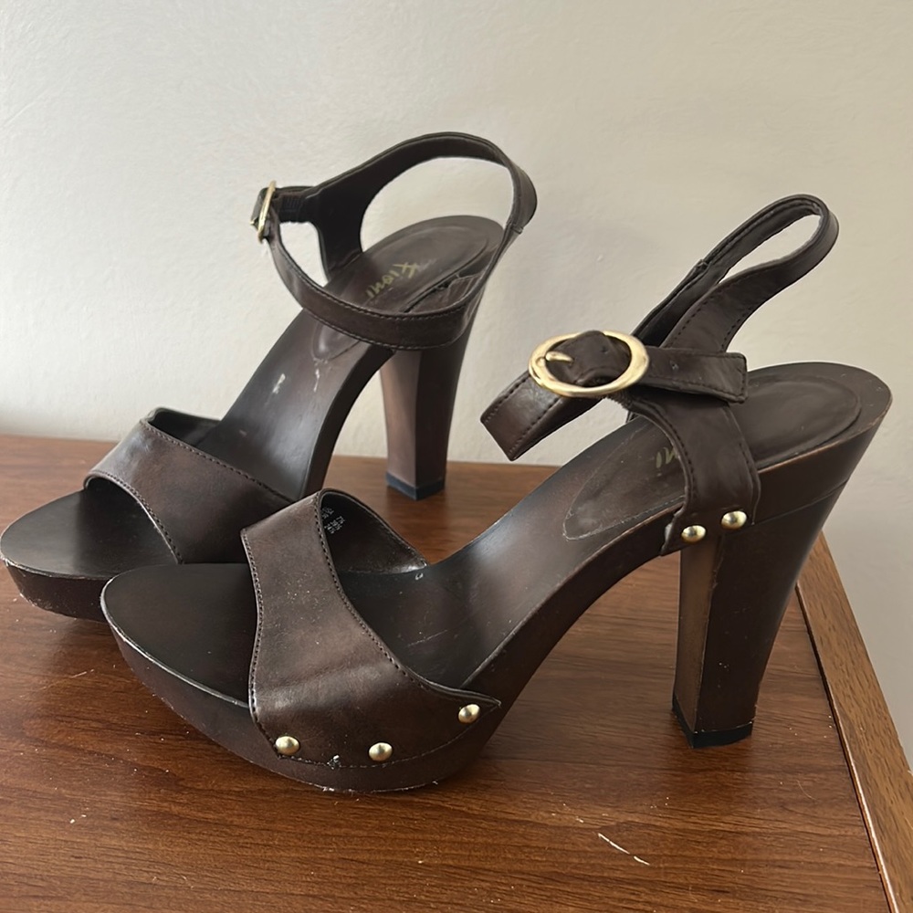 Ankle strap brown heels with gold accents